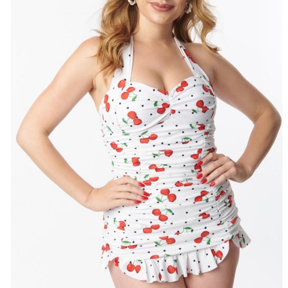 Unique Vintage White Cherry Print One-Piece Swimdress - Picture 4 of 7